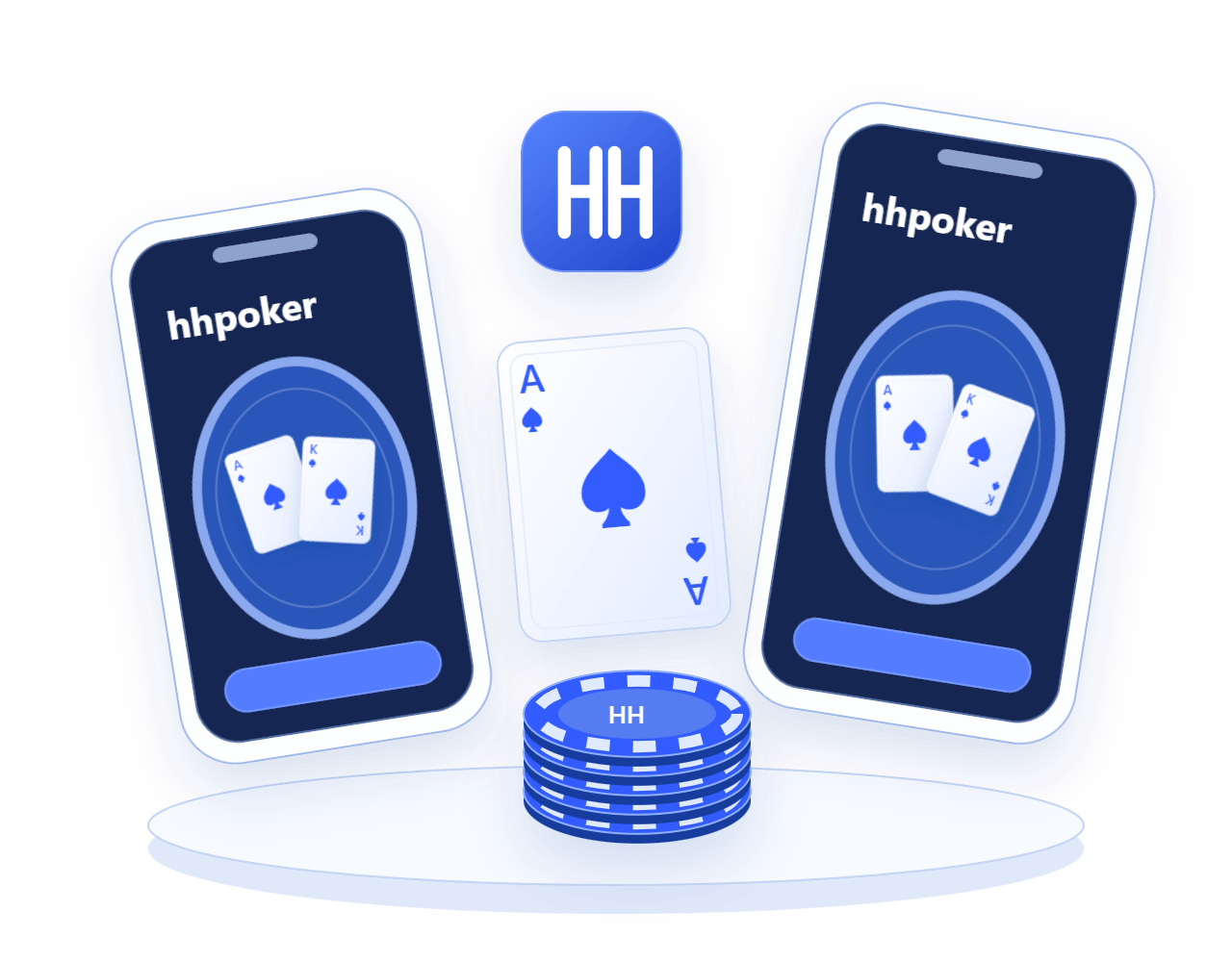 换机下载主题的两台手机模型,中间排列hhpoker双H标志、黑桃A和筹码